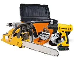 Set of power tools including a yellow chainsaw, cordless drill, angle grinder, drill bit set, and black toolbox on a white background.